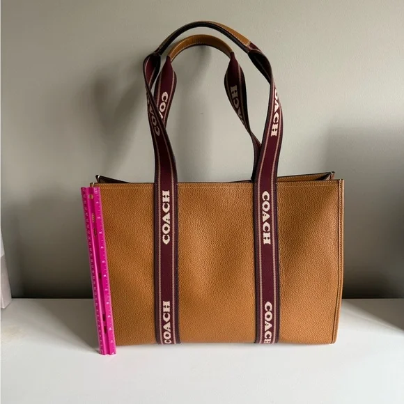 Coach Tan Pebble Leather Tote with Burgundy Logo Straps - Picture 5 of 5